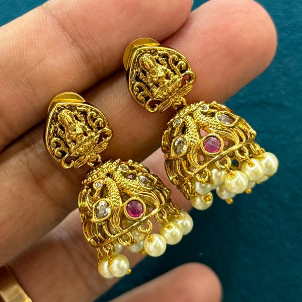 Sona Creation Gold Plated Pota Stone And Pearl Temple Jhumki Earrings