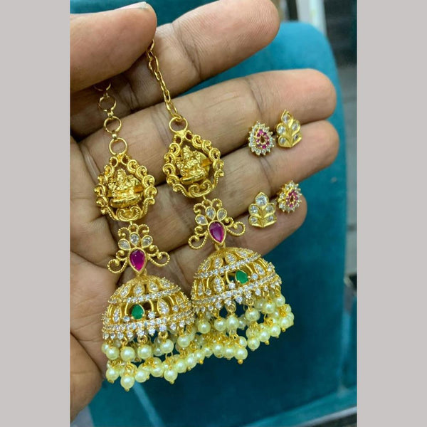 Sona Creation Gold Plated AD Stone  And Pearl Jhumki Kanchain Earrings