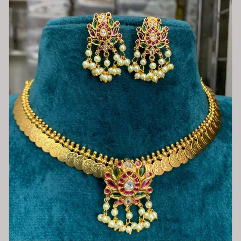 Sona Creation Gold Plated Pota Stone And Pearls Temple  Necklace Set