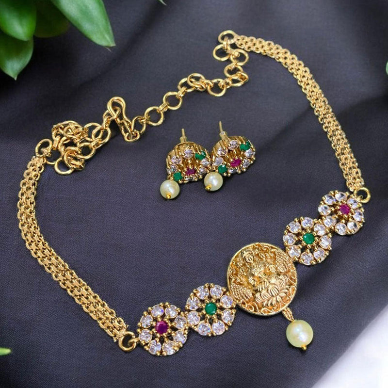 Sona Creation Gold Plated AD Stone Temple Necklace Set