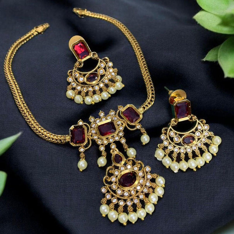 Sona Creation Gold Plated Crystal Stone And Pearls Necklace Set