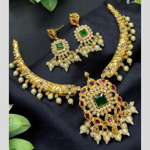 Sona Creation  Gold Plated Pota Stone And Pearls Necklace Set