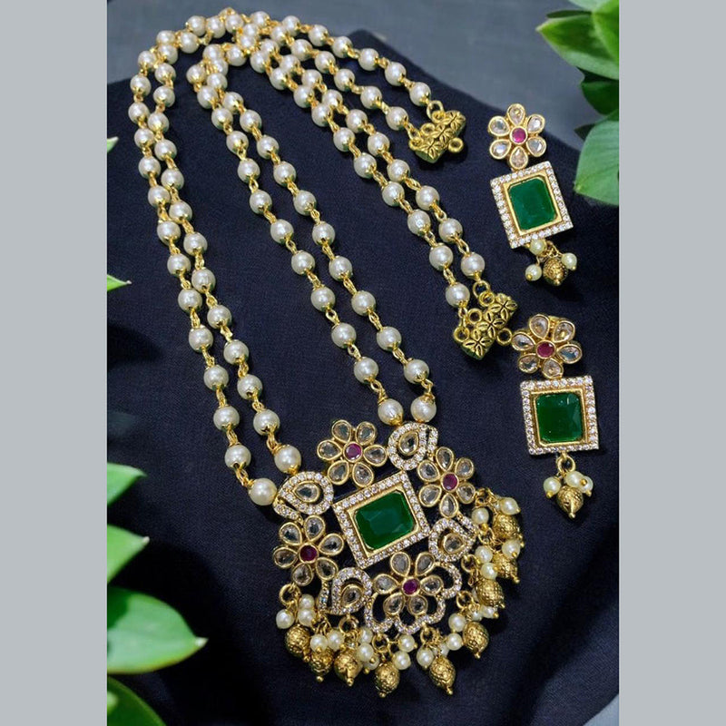 Sona Creation Gold Plated Crystal Stone And Pearls Long Necklace Set