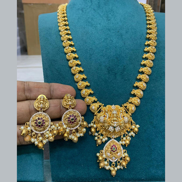 Sona Creation Gold Plated Austrian Stone And Pearls Temple Long Necklace Set