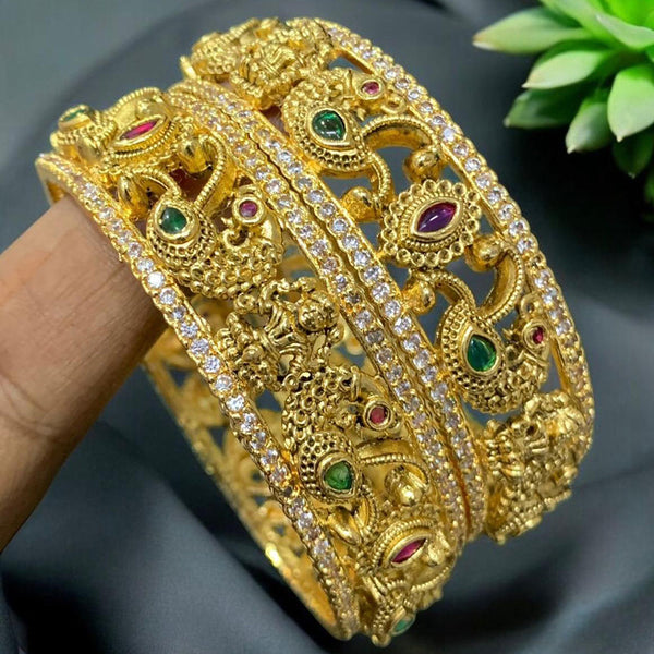 Sona Creation Gold Plated Pota Stone And Austrian Stone Temple Bangle Set