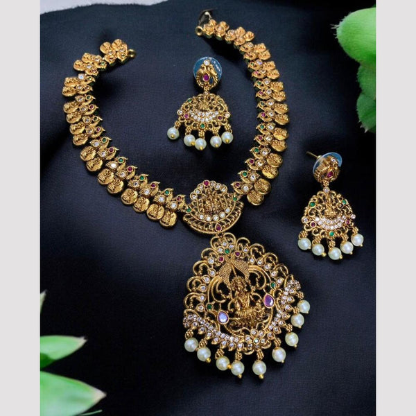 Sona Creation Gold Plated Pota Stone And Pearls Temple Necklace Set