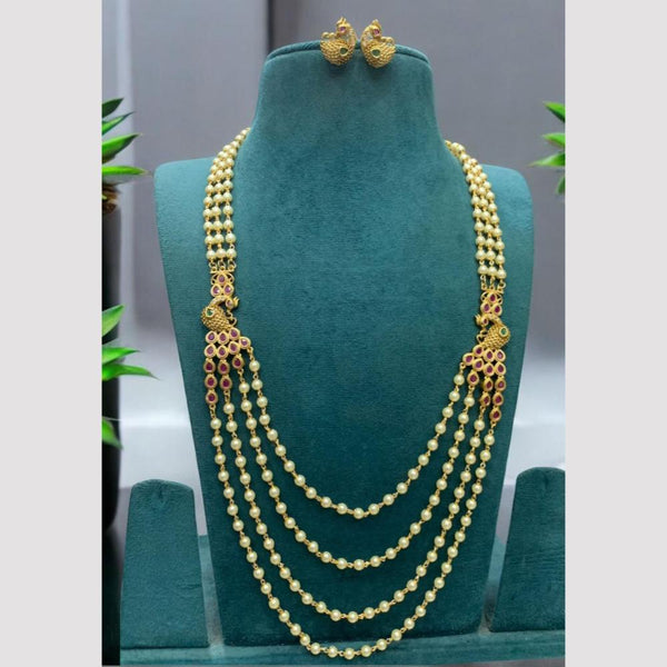 Sona Creation Gold Plated Pota Stone And Pearls Long Necklace Set