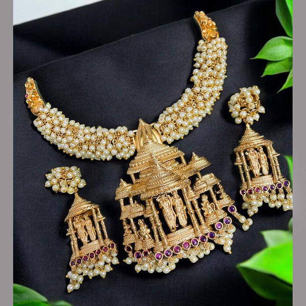 Sona Creation Gold Plated Pota Stone And Pearls Ram Mandir Necklace Set