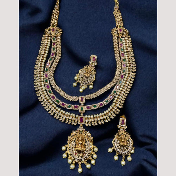 Sona Creation Gold Plated Austrian Stone And Pearls Temple Multi Layer Necklace Set