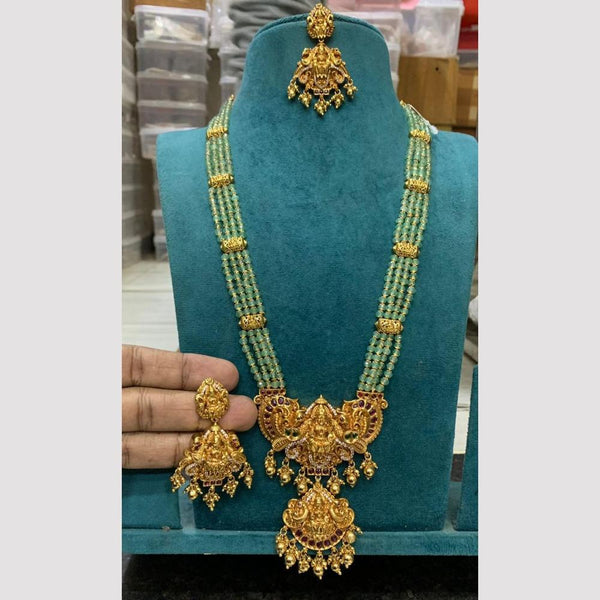 Sona Creation Gold Plated Pota Stone And Beads Temple Long Necklace Set