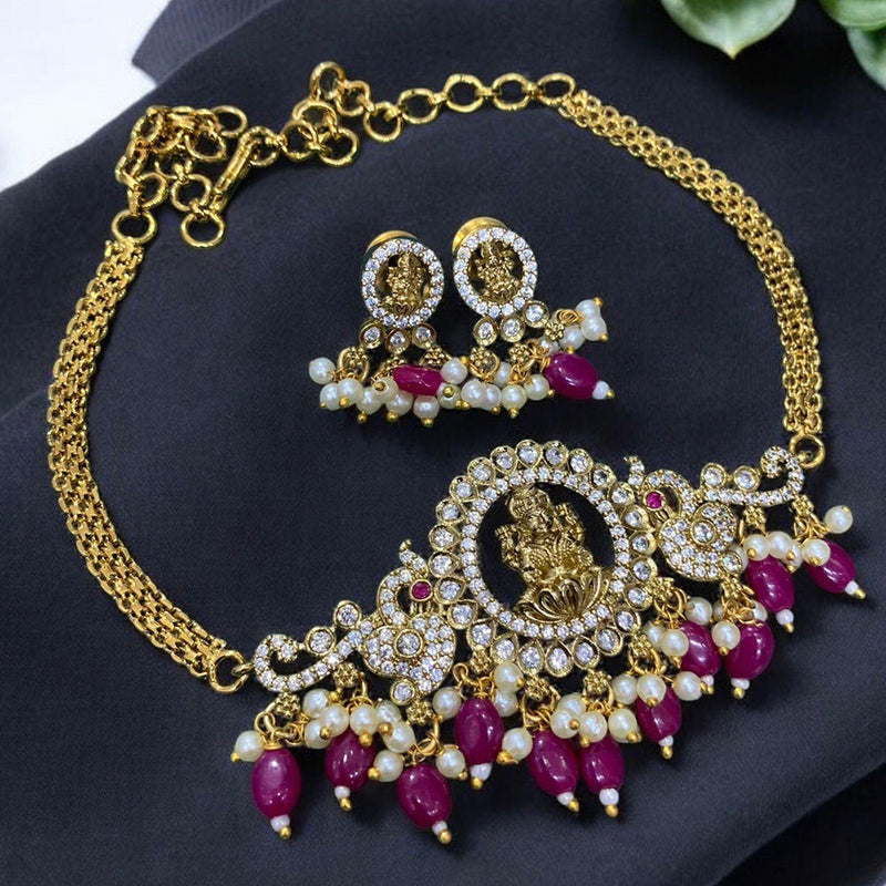 Sona Creation Gold Plated Austrian Stone And Beads Temple Choker Necklace Set