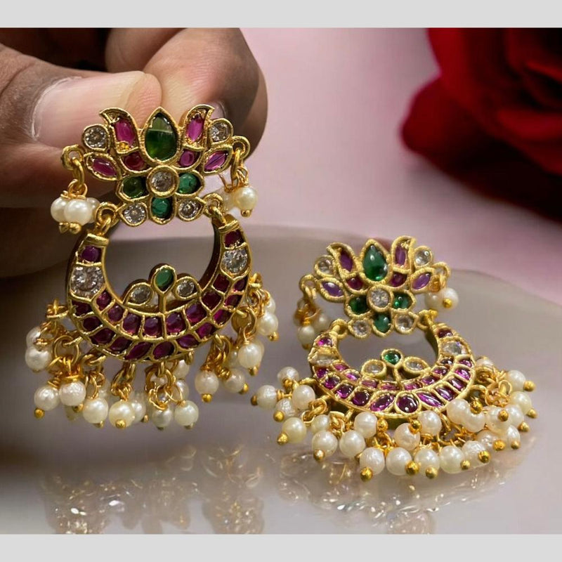 Sona Creation Gold Plated Pota Stone And Pearls Dangler Earrings