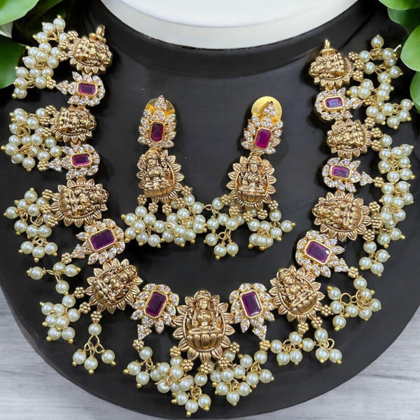 Sona Creation Gold Plated Austrian Stone And Pearls Temple Necklace Set