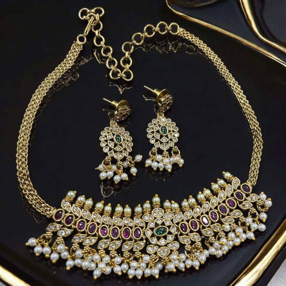 Sona Creation Gold Plated Austrian Stone And Pearls Necklace Set