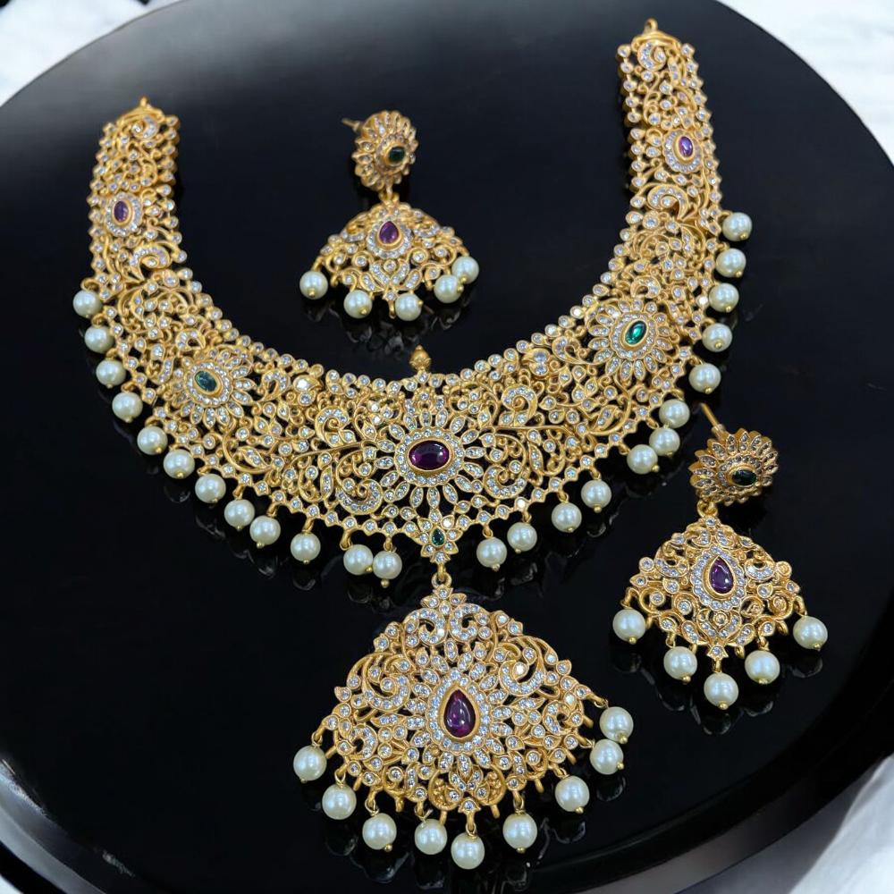 Sona Creation Gold Plated Austrian Stone And Pearls Necklace Set