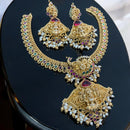 Sona Creation Gold Plated Pota Stone And Pearls Temple Necklace Set