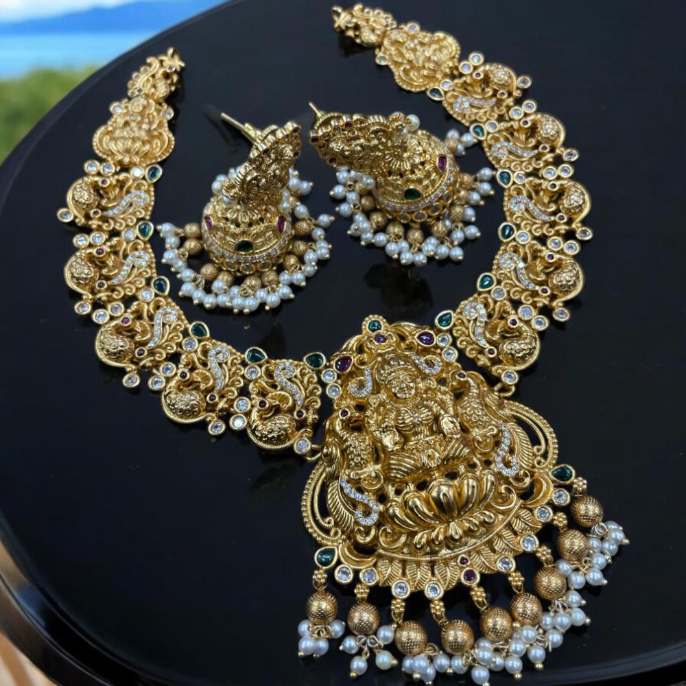 Sona Creation Gold Plated Austrian Stone And Pearls Temple Necklace Set