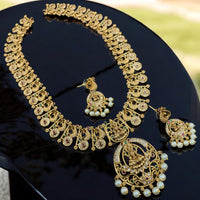 Sona Creation Gold Plated Austrian Stone And Pearls Temple Long Necklace Set