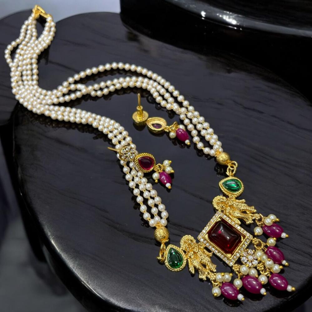 Sona Creation Gold Plated Austrian Stone And Pearls Temple Long Necklace Set