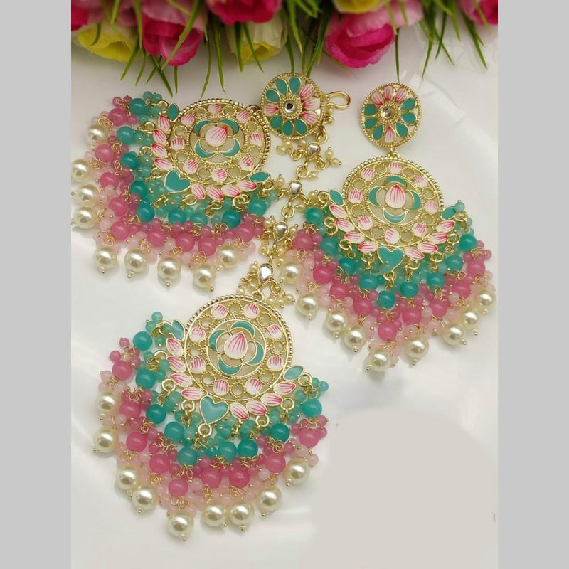 SNERA Gold Plated Kundan Stone And Beads Meenakari Dangler Earrings With Maangtikka