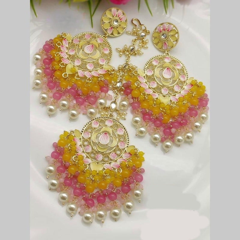 SNERA Gold Plated Kundan Stone And Beads Meenakari Dangler Earrings With Maangtikka