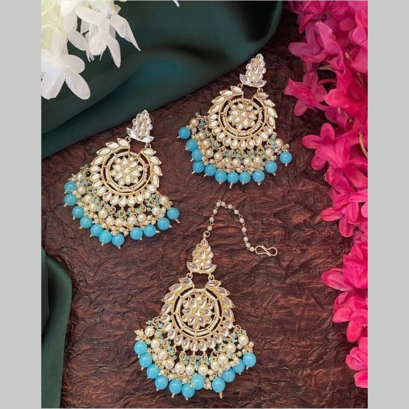 SNERA Gold Plated Kundan Stone And Beads Dangler Earrings With Maangtikka