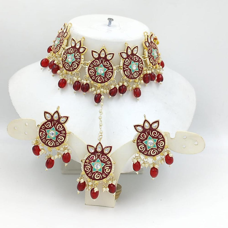 SNERA Gold Plated Kundan Stone And Pearls Meenakari Choker Necklace Set