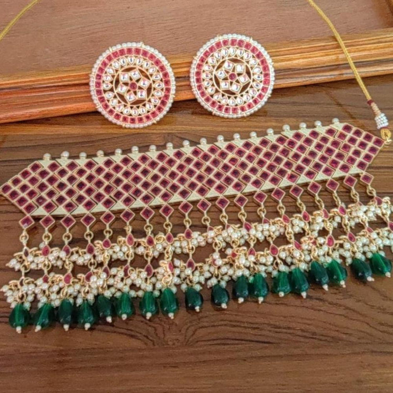 SNERA Gold Plated Kundan Stone And Pearls Choker Necklace Set