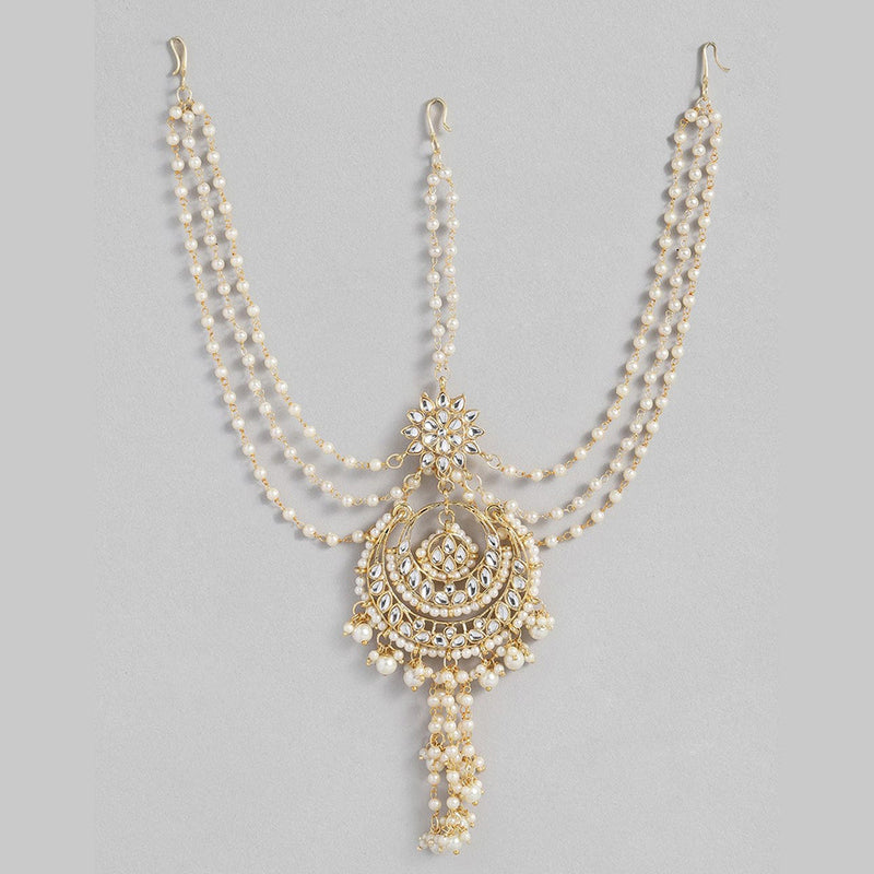 SNERA Gold Plated Kundan Stone And Pearls Sheeshphool with Mangtikka