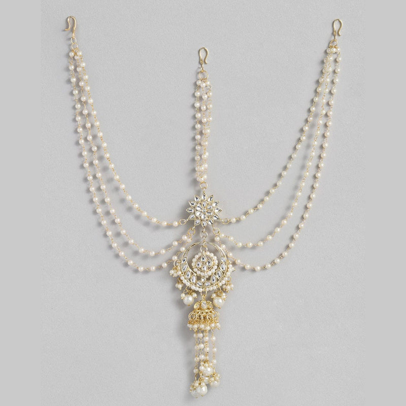 SNERA Gold Plated Kundan Stone And Pearls Sheeshphool with Mangtikka