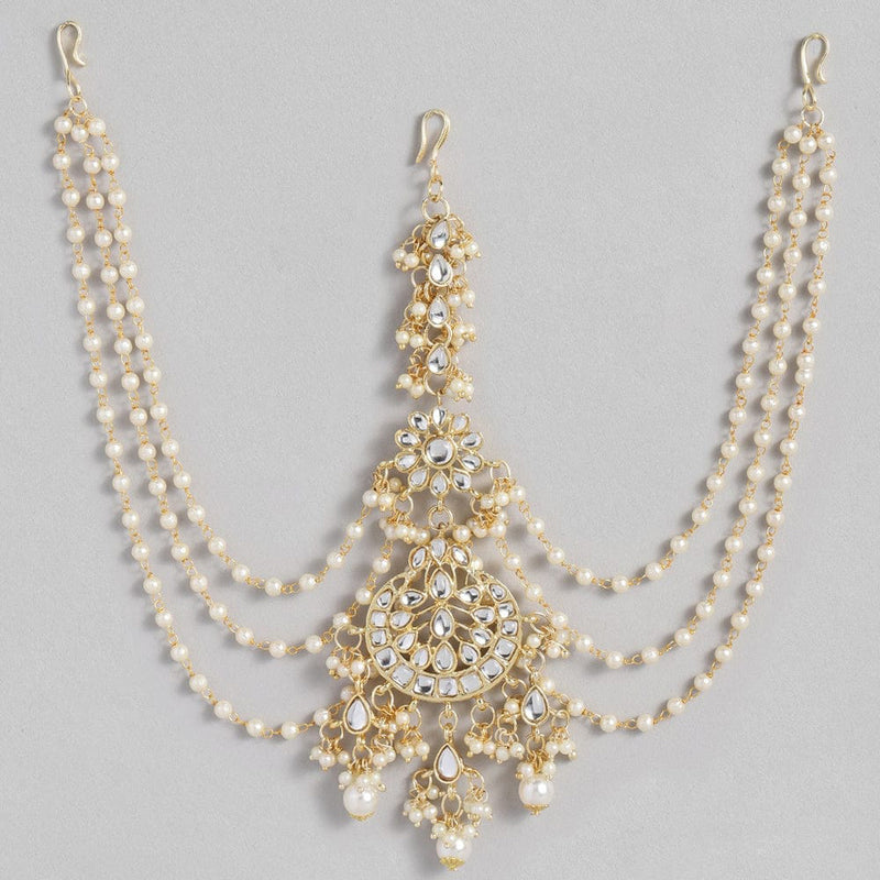 SNERA Gold Plated Kundan Stone And Pearls Sheeshphool with Mangtikka