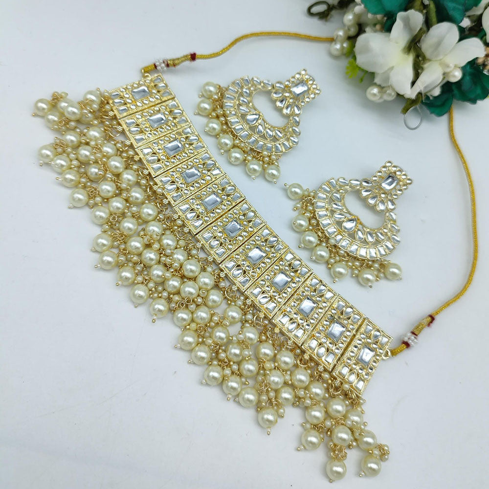 SNERA Gold Plated Kundan Stone And Pearls Choker Necklace Set