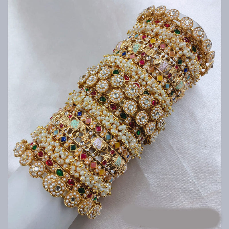 SNERA Gold Plated Pota Stone And Pearls Bangle Set