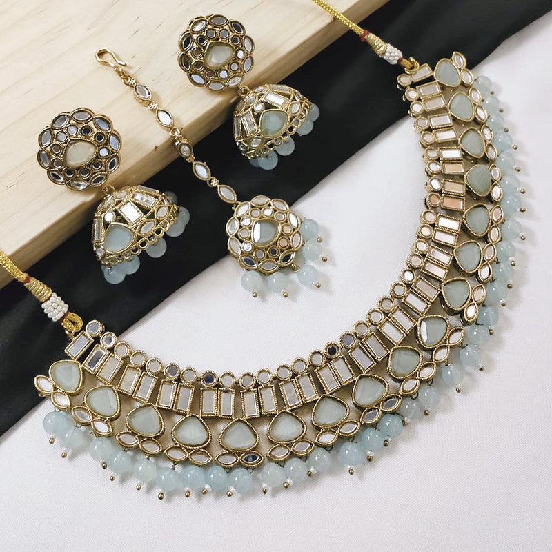 SNERA Gold Plated Crystal Stone Pearls And Beads Mirror Necklace Set