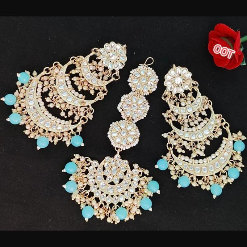 SNERA Gold Plated Kundan Stone And Beads Dangler Earrings With Maangtikka