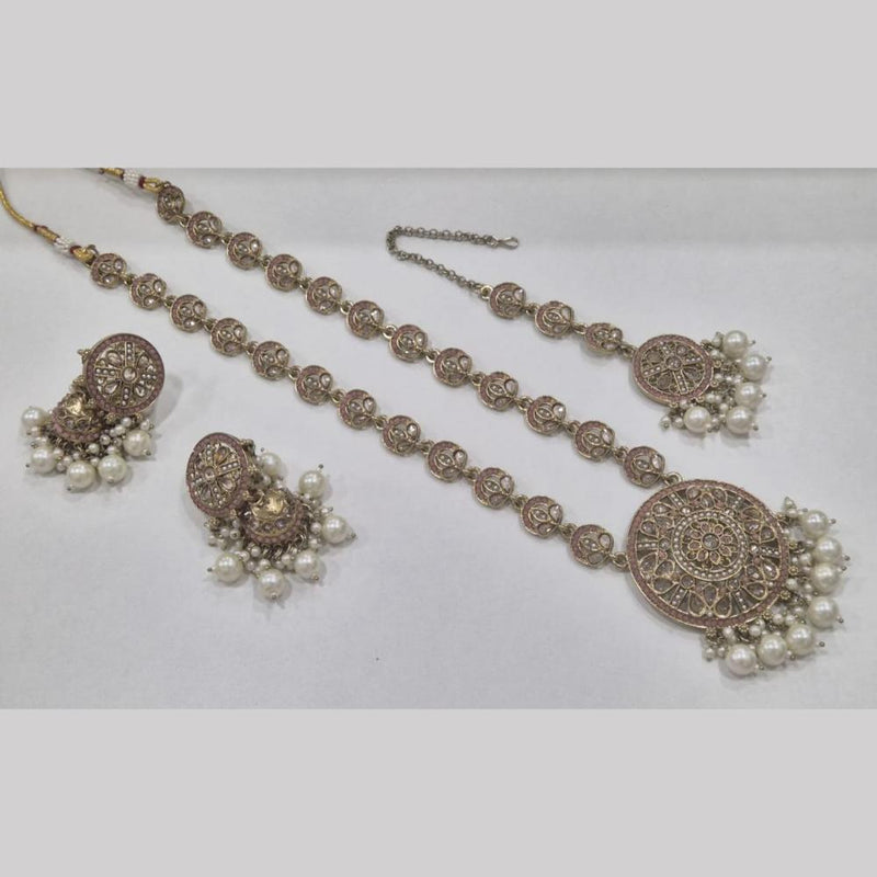 SNERA Gold Plated Crystal Stone And Pearls Long Necklace Set