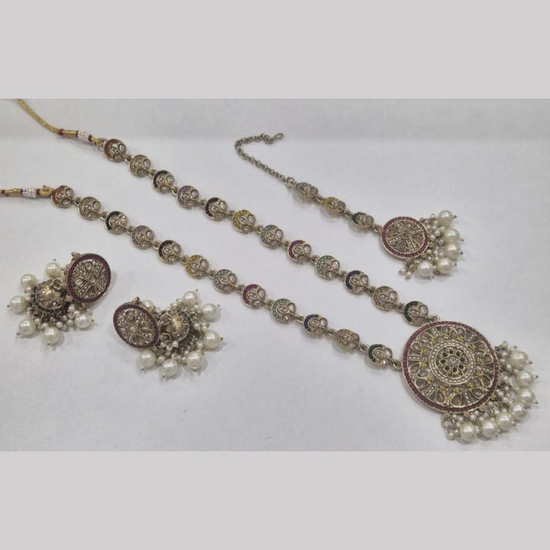 SNERA Gold Plated Crystal Stone And Pearls Long Necklace Set