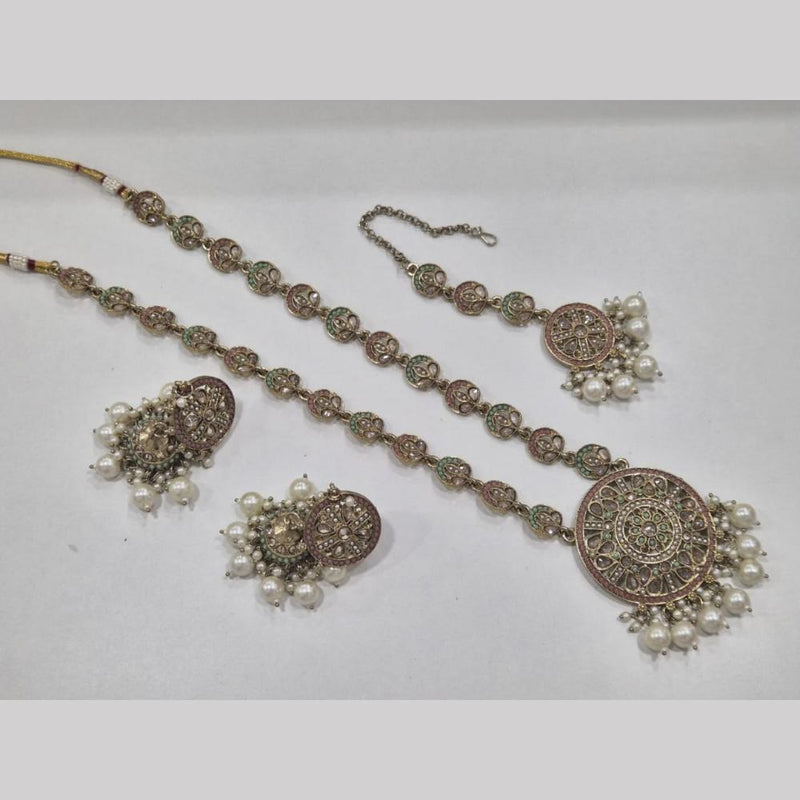 SNERA Gold Plated Crystal Stone And Pearls Long Necklace Set