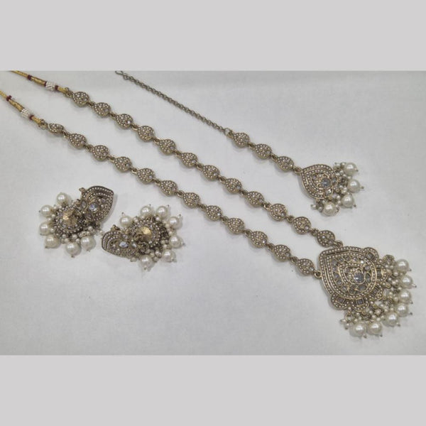 SNERA Gold Plated Crystal Stone And Pearls Long Necklace Set