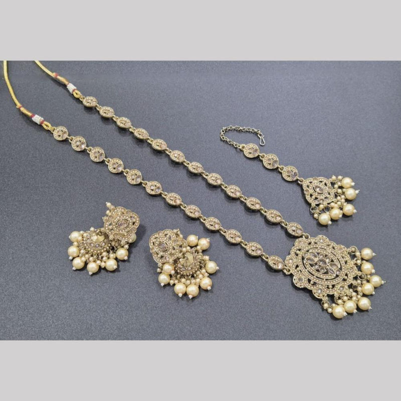 SNERA Gold Plated Crystal Stone And Pearls Long Necklace Set