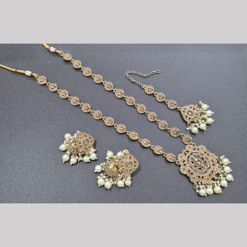 SNERA Gold Plated Crystal Stone And Pearls Long Necklace Set