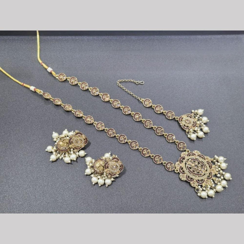 SNERA Gold Plated Crystal Stone And Pearls Long Necklace Set