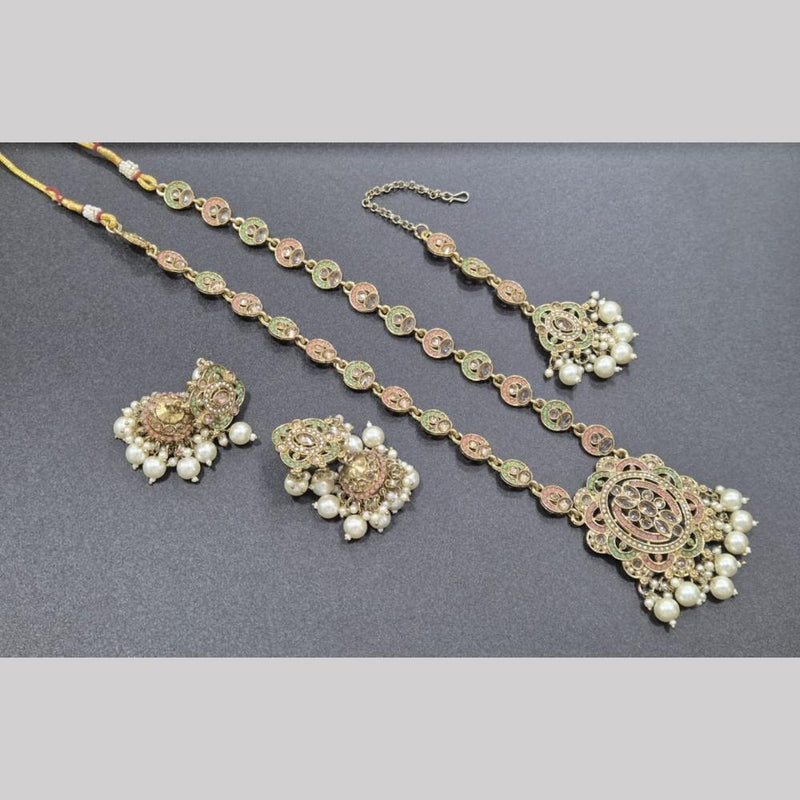 SNERA Gold Plated Crystal Stone And Pearls Long Necklace Set