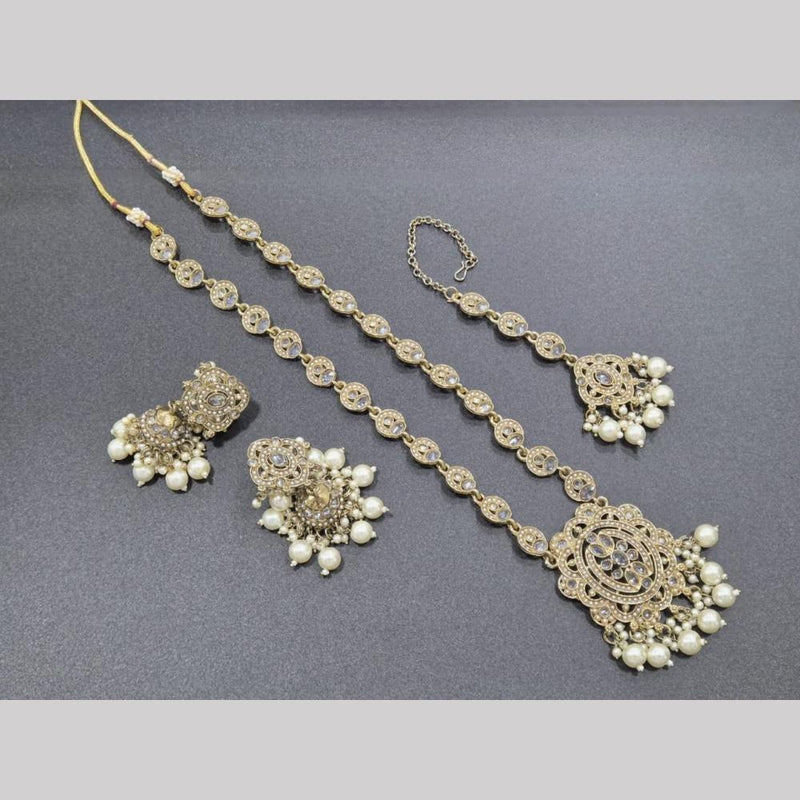 SNERA Gold Plated Crystal Stone And Pearls Long Necklace Set