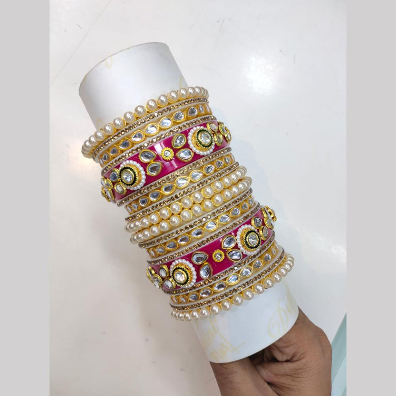 SNERA Gold Plated Kundan Stone And Pearls Acrylic Bangles Set