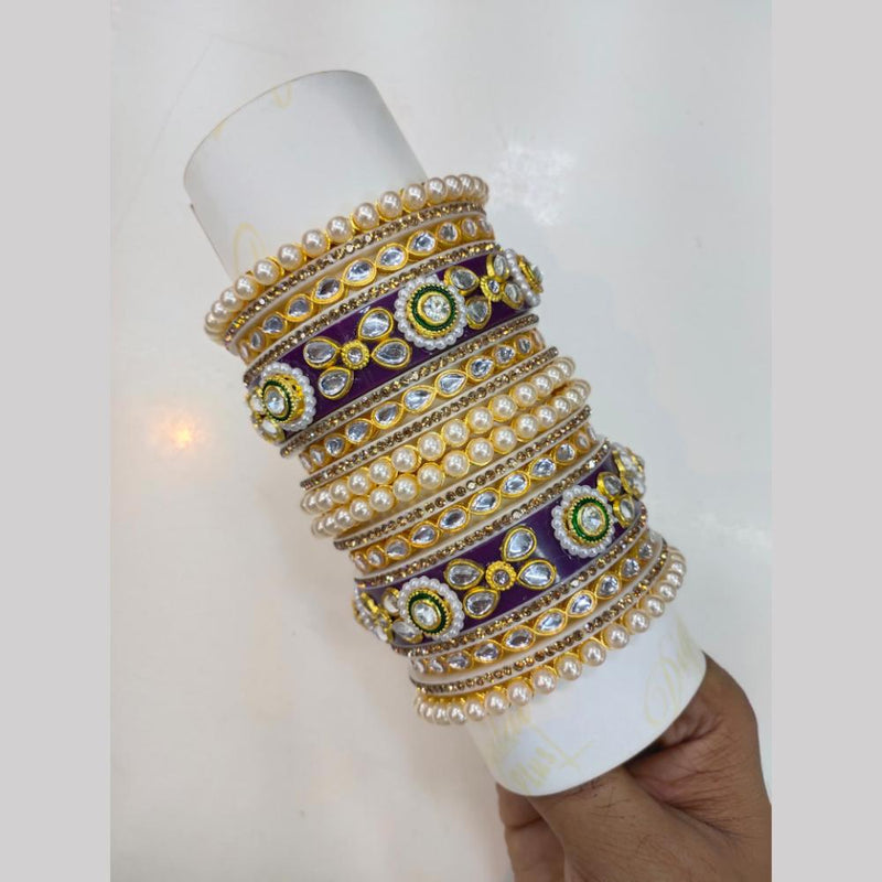 SNERA Gold Plated Kundan Stone And Pearls Acrylic Bangles Set