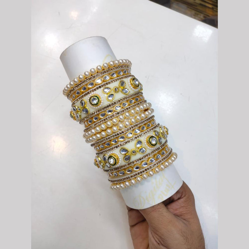 SNERA Gold Plated Kundan Stone And Pearls Acrylic Bangles Set