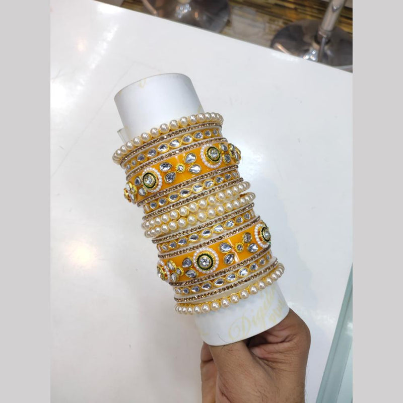 SNERA Gold Plated Kundan Stone And Pearls Acrylic Bangles Set