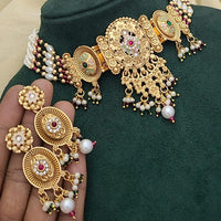SNERA Gold Plated Kundan Stone And Pearls Choker Meenakari Necklace Set