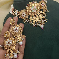 SNERA Gold Plated Kundan Stone And Pearls Choker Meenakari Necklace Set